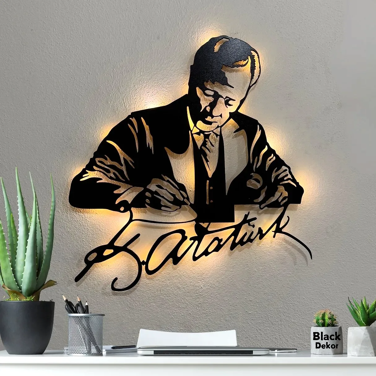 2025/11/1000160505.jpg Atatürk İmzalı LED Işıklı Modern Ofis Duvar Tablosu - Görsel 1
