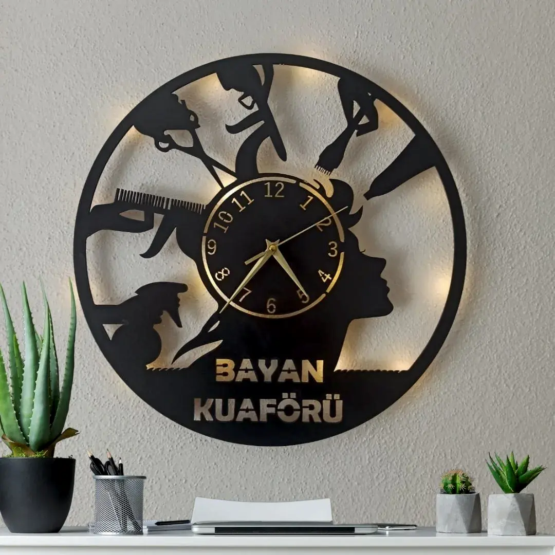 Bayan Kuaförlerine İsim Yazılabilir Şık Işıklı Kuaför Duvar Saati - Görsel 1
