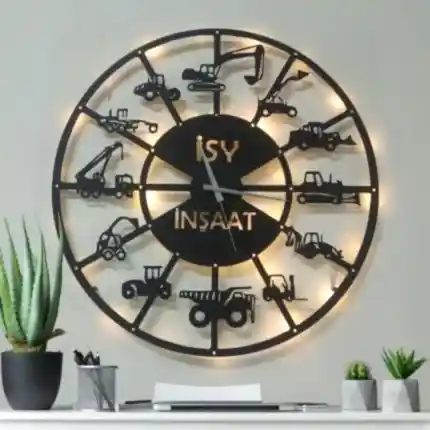 İş makineleri temalı isimli LED ışıklı dekoratif duvar saati