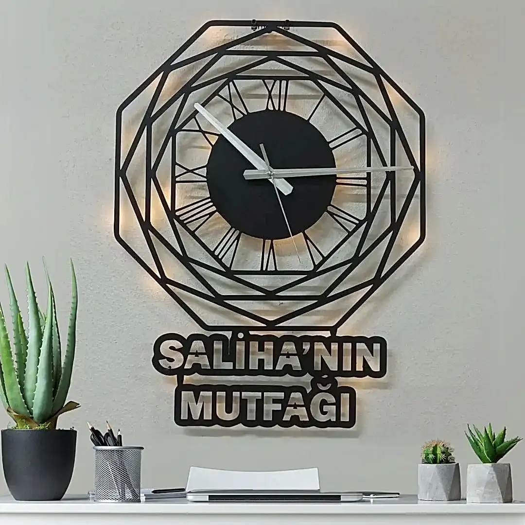 Sekizgen tasarımlı isme özel LED ışıklı dekoratif duvar saati