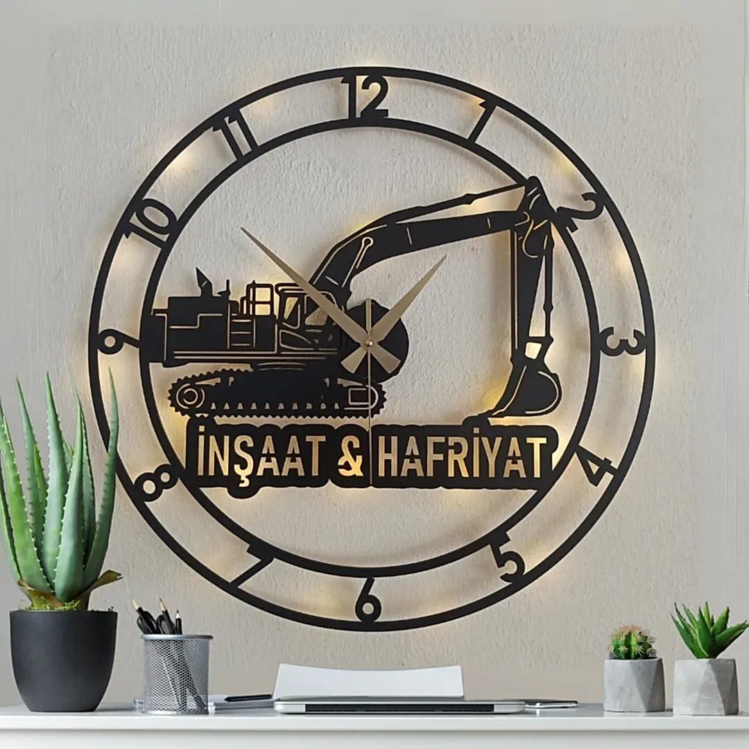İş makinesi figürlü LED ışıklı dekoratif duvar saati ev dekorasyonu