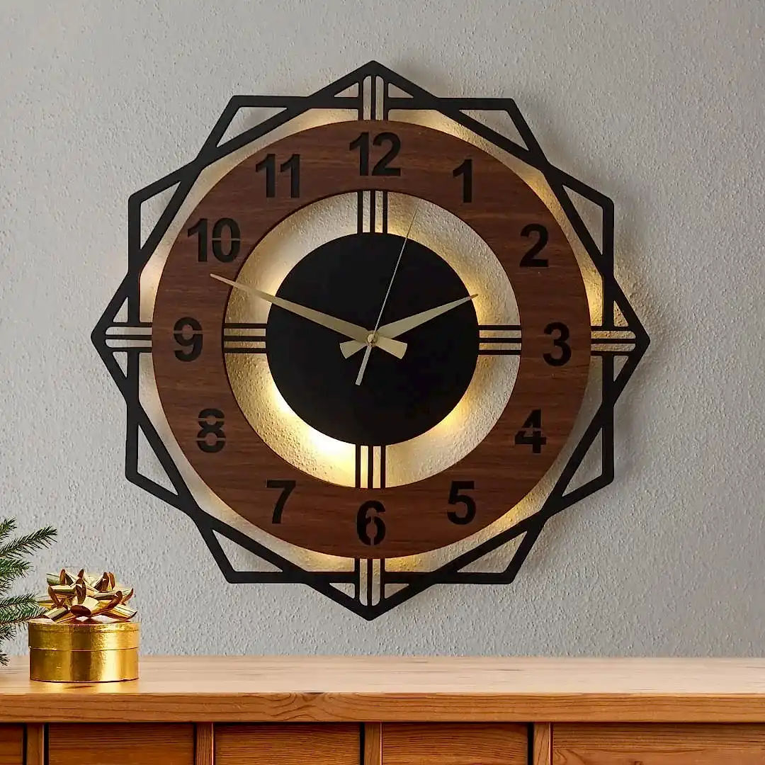 adsiz-tasarim-2025-05-03t131843-522 Ceviz Renkli Geometrik LED Işıklı Modern Şık Ev Duvar Saati - Görsel 1