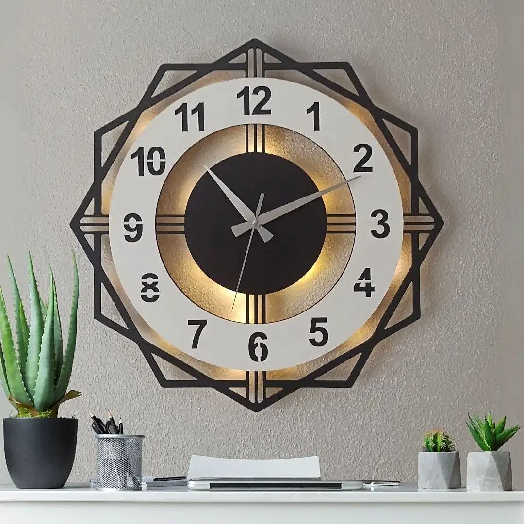 Beyaz Geometrik Tasarımlı LED Işıklı Modern Şık Ev Duvar Saati - Görsel 1