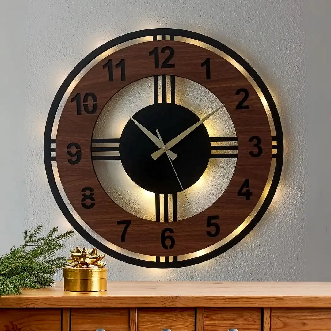Ahşap Desenli LED Işıklı Modern Şık Ev Duvar Saati - Görsel 1