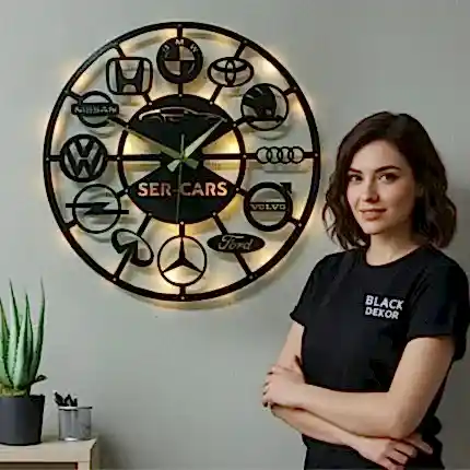 Araba markaları logolu LED ışıklı dekoratif duvar saati modeli