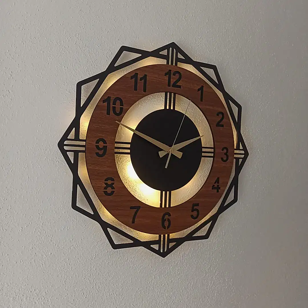 Ceviz Renkli Geometrik LED Işıklı Modern Şık Ev Duvar Saati - Görsel 2