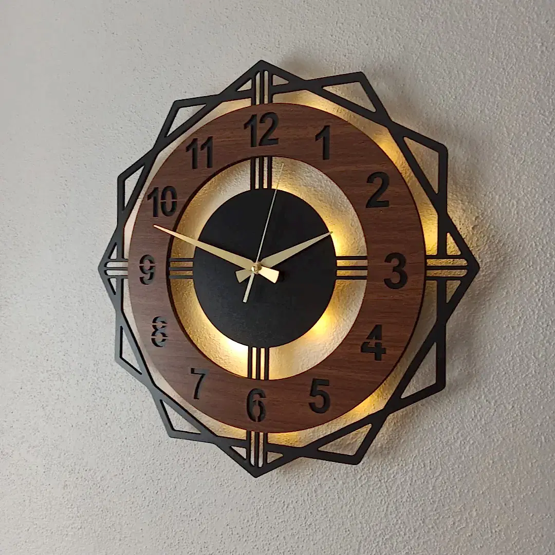 Ceviz Renkli Geometrik LED Işıklı Modern Şık Ev Duvar Saati - Görsel 3