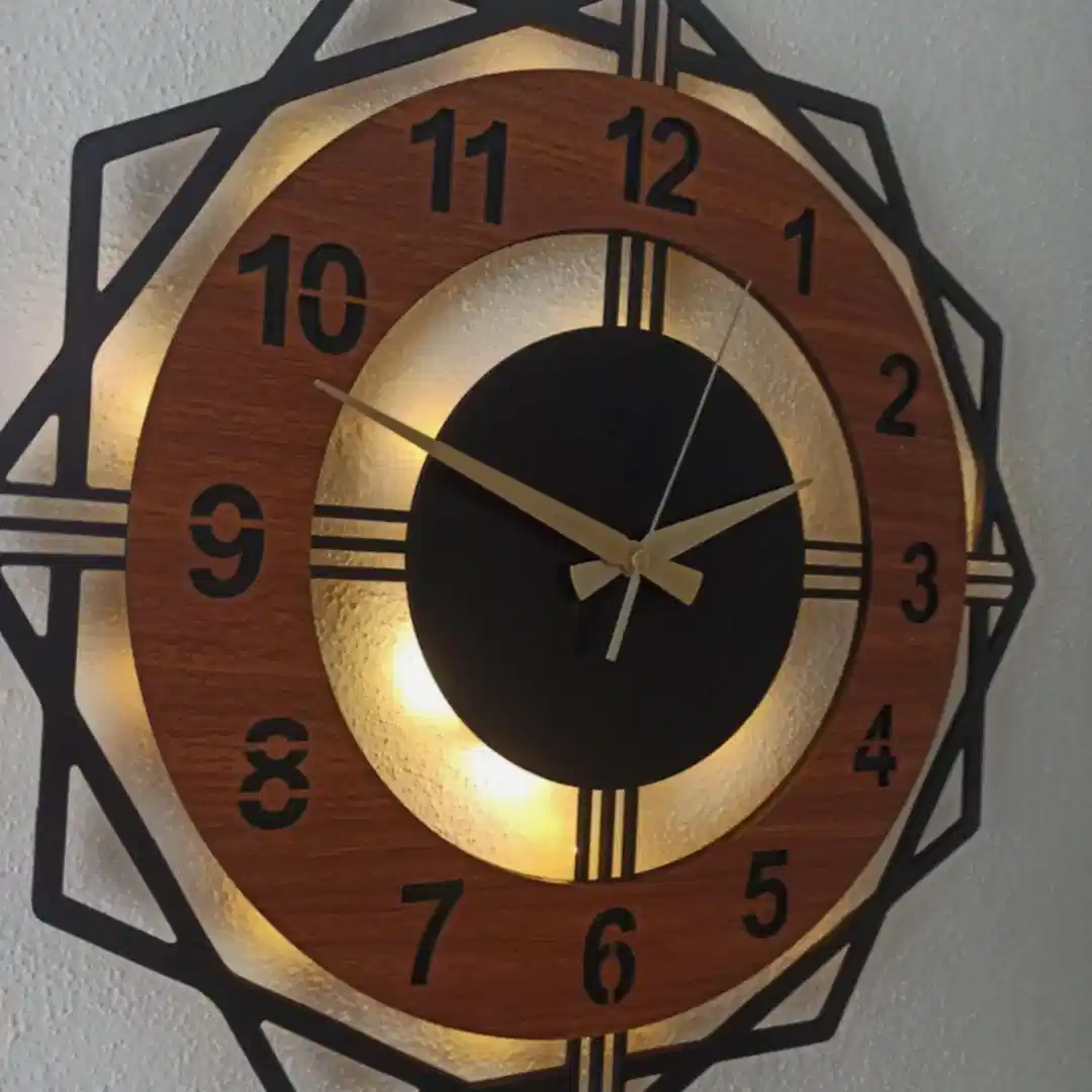 Ceviz Renkli Geometrik LED Işıklı Modern Şık Ev Duvar Saati - Görsel 4