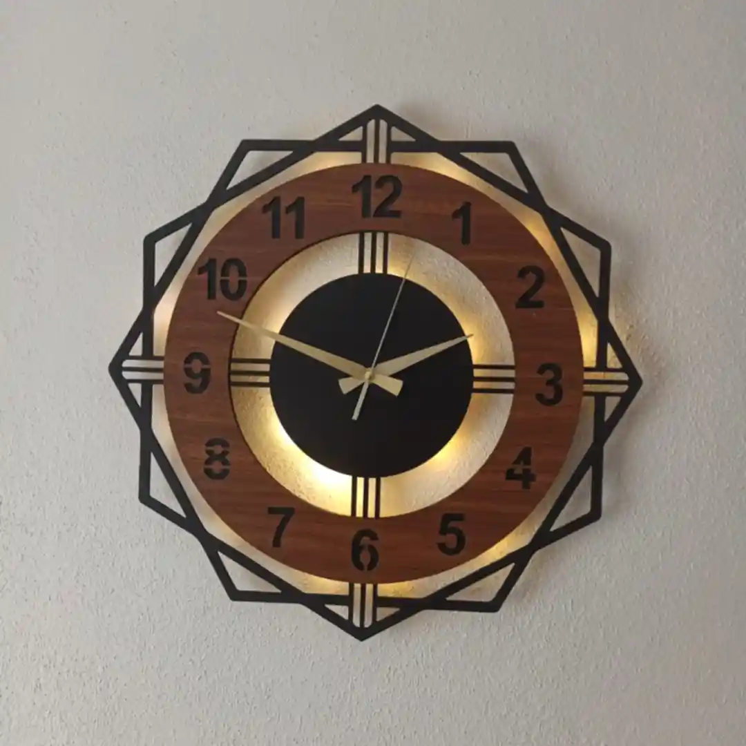 Ceviz Renkli Geometrik LED Işıklı Modern Şık Ev Duvar Saati - Görsel 5