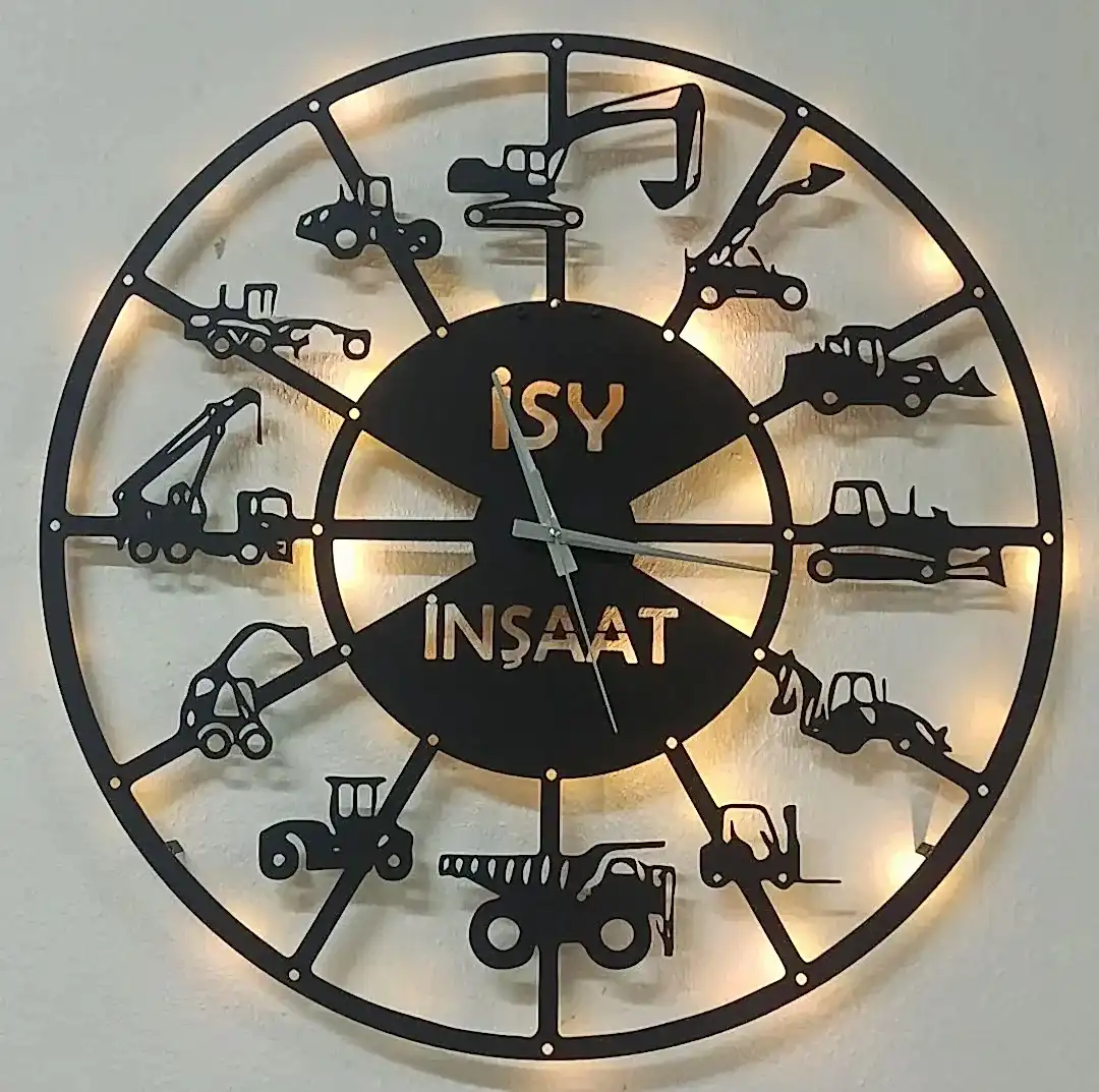 İş makineleri temalı isimli LED ışıklı dekoratif duvar saati