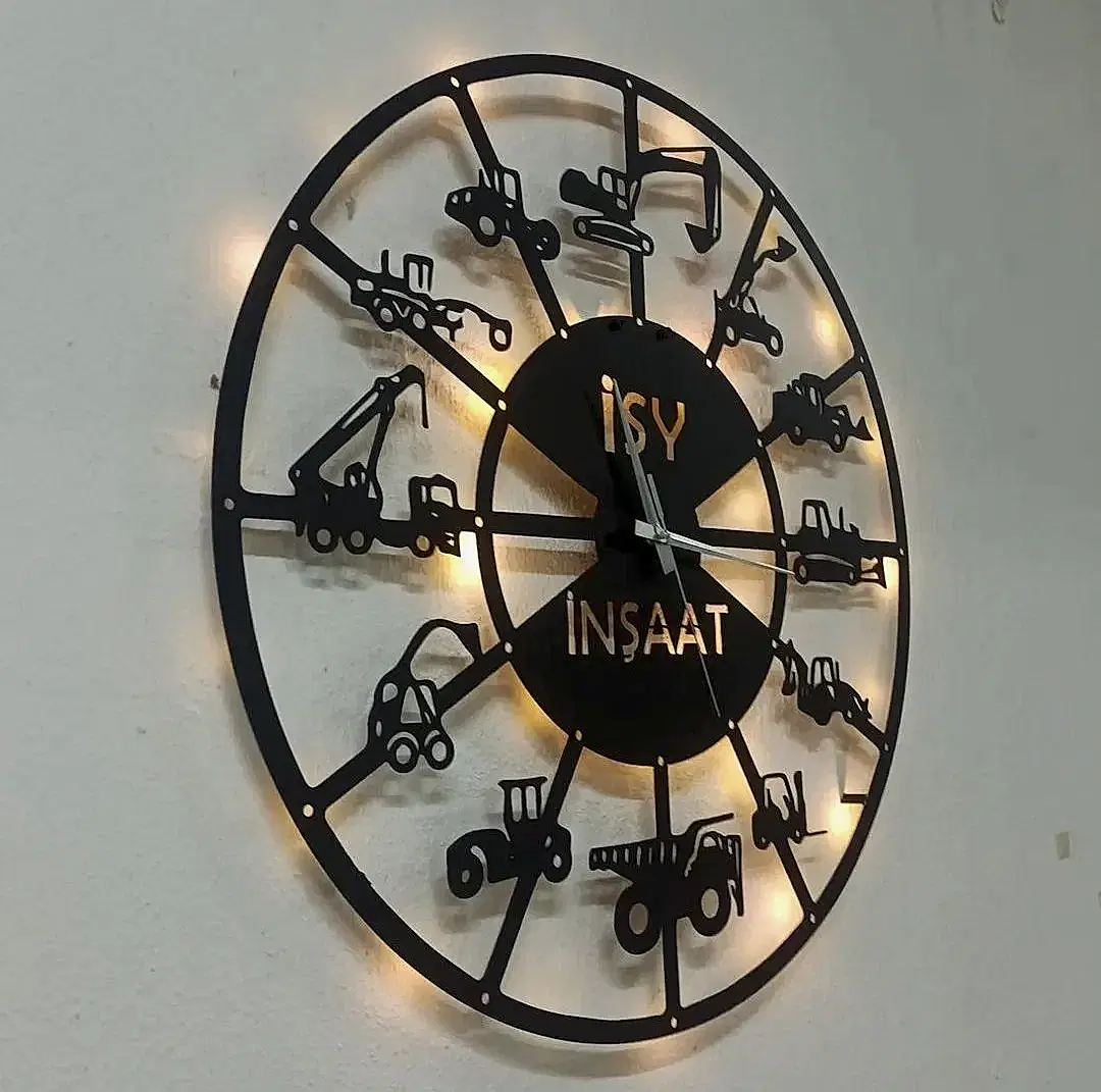 İş makineleri temalı isimli LED ışıklı dekoratif duvar saati