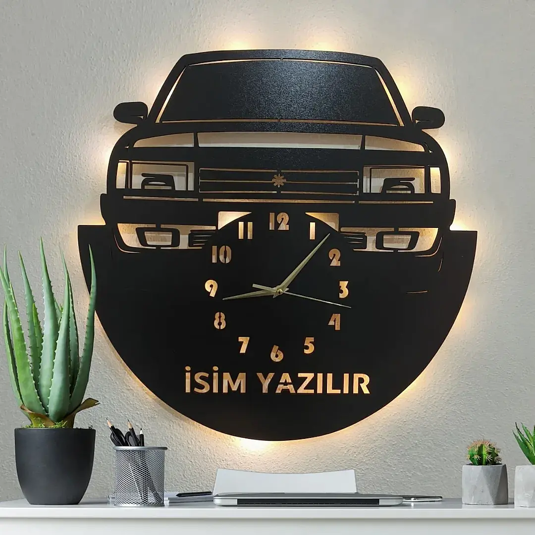 Tofaş temalı LED ışıklı isim yazılabilir dekoratif duvar saati tasarımı