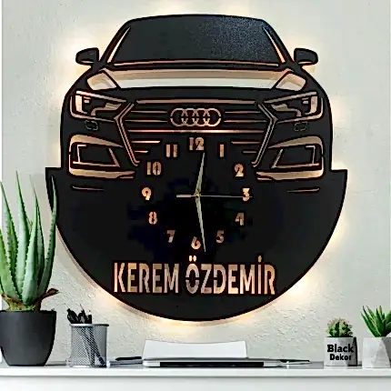 Audi araba temalı MDF ışıklı kişiye özel dekoratif duvar saati
