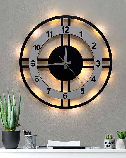 Beyaz çemberli ışıklı modern çift çizgili dekoratif duvar saati