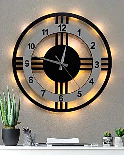 Beyaz çemberli ışıklı modern 3 çizgili dekoratif duvar saati