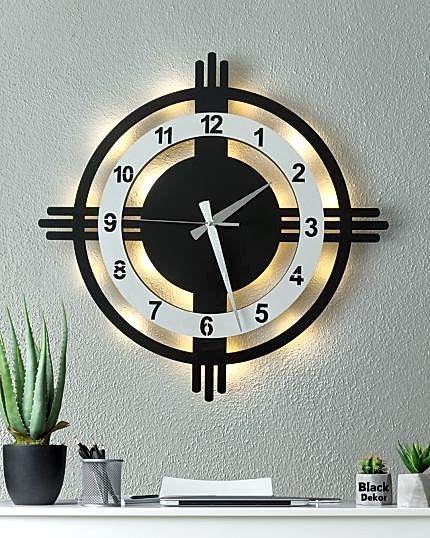 Beyaz çemberli ışıklı modern artı model 3 çizgili 48 cm dekoratif duvar saati