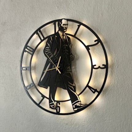 Mustafa Kemal Atatürk siluetli ışıklı modern dekoratif duvar saati