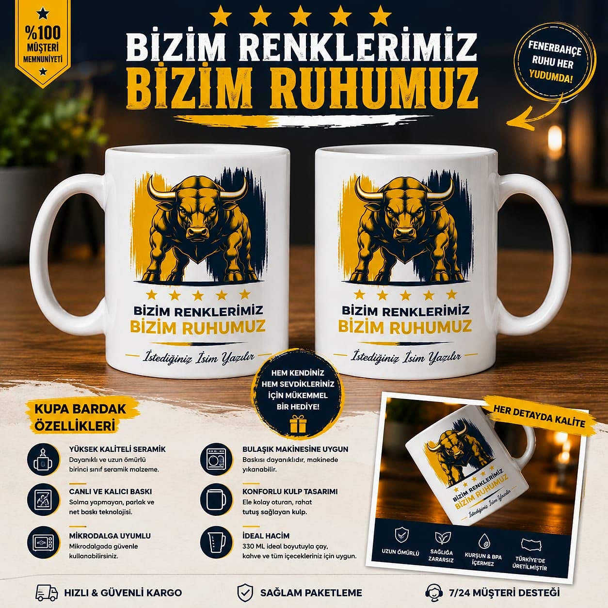 Fenerbahçe Boğa Kupa Bardak Kişiye Özel İsimli Taraftar Hediyesi Fenerbahçe boğa temalı kişiye özel isimli seramik kupa bardak