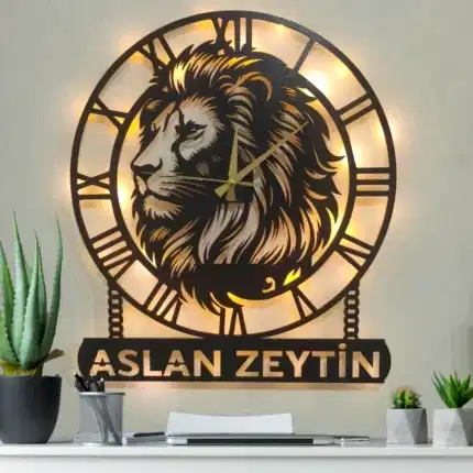 Aslan figürlü kişiye özel isimli LED ışıklı dekoratif duvar saati